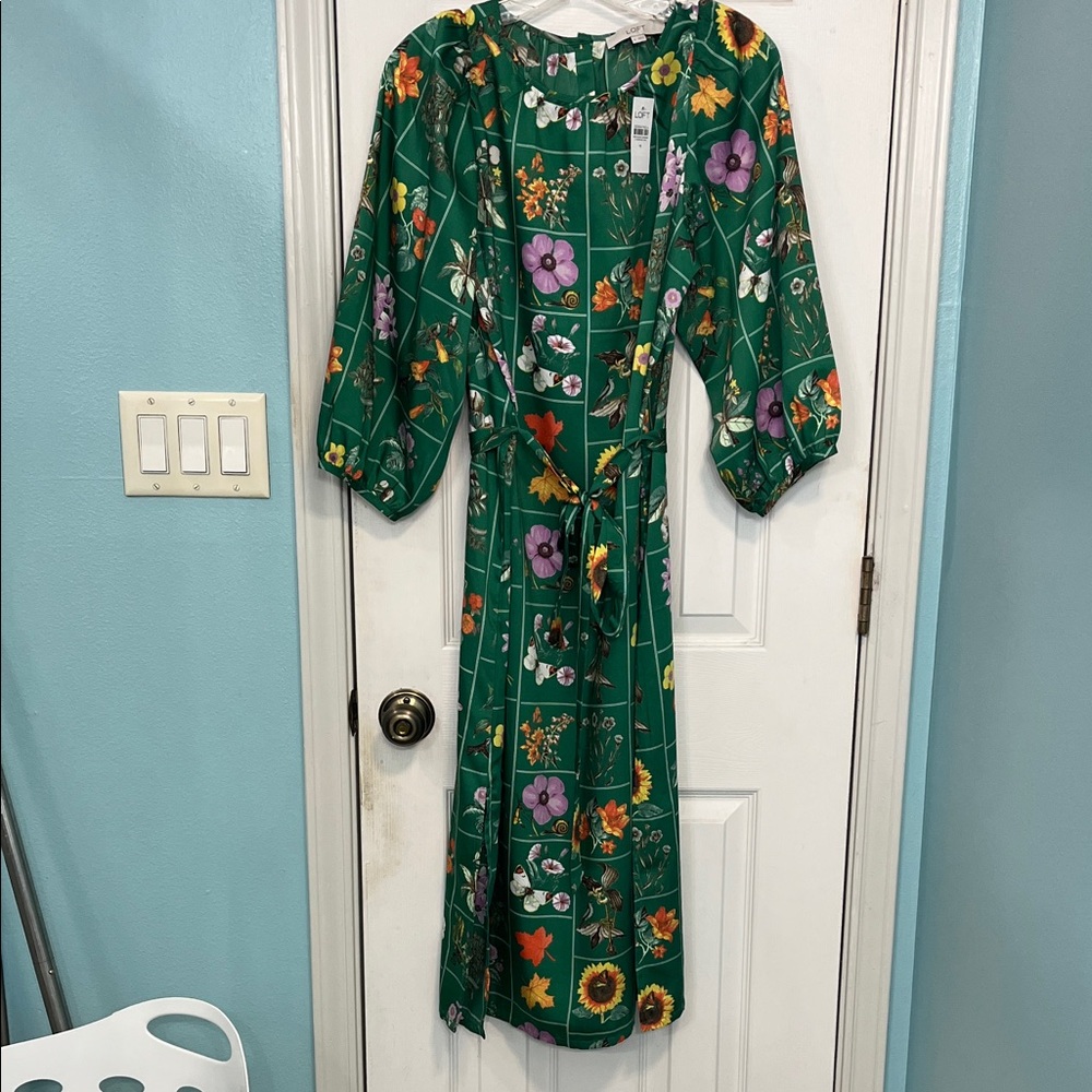 LOFT Green Floral Midi Dress with Tie Belt